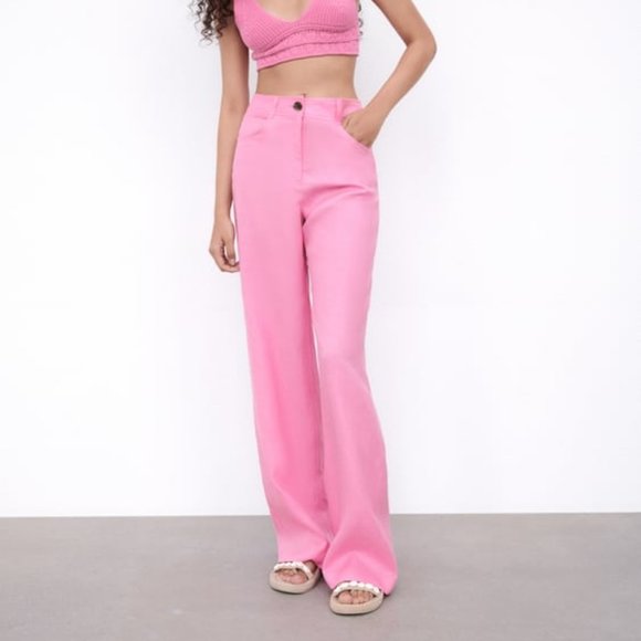 Zara Pants - NWT Zara womens pants M wide leg linen trousers pink flat front pockets 8124/493